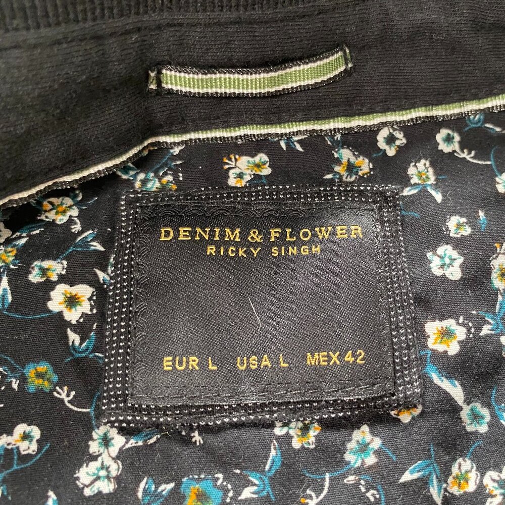 Denim & Flower Polo ShIrt Sleeve Shirt Top Men's Large Pockets Blue-ish Black - Picture 5 of 7